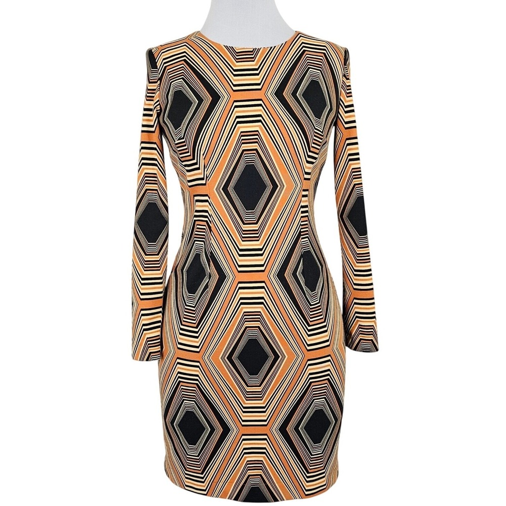 Bialcon Geometric Honeycomb Print Sheath Dress Orange Black Retro Mod 60s‎